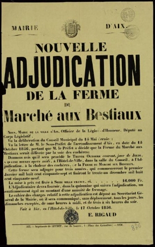 Nouvelle adjudication de la ferme du marché aux bestiaux / Mairie d'Aix