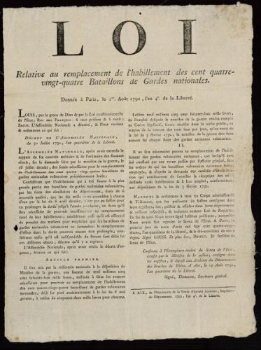 Loi relative au remplacement de l'habillement des cent quatre-vingt-quatre bataillons des gardes nationales. Donnée à Paris, le 1er. Août 1792, l'an 4e. De la liberté