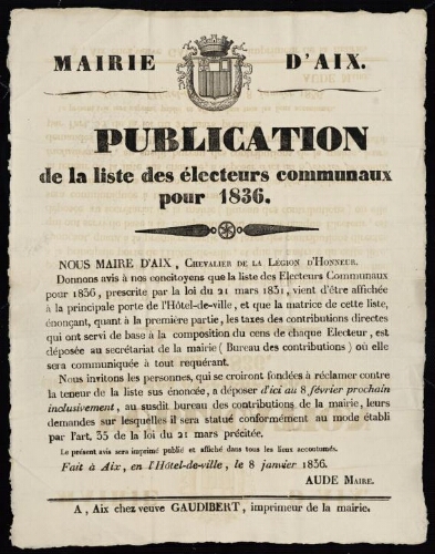 Publication de la liste des électeurs communaux pour 1836   / Mairie d'Aix