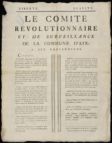 Le Comité révolutionnaire et de la surveillance de la Commune d'Aix, à ses concitoyens