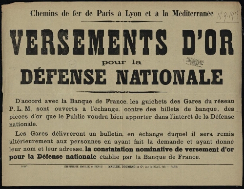 Versements d'or pour la Défense nationale [Chemins de fer de Paris à Lyon et à la Méditerranée]