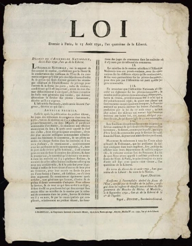 Loi donnée à Paris, le 15 août 1792, l'an quatrième de la Liberté