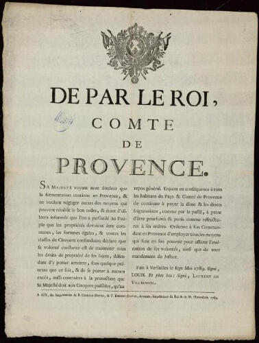 De par le Roi, Comte de Provence / [Louis XVI]