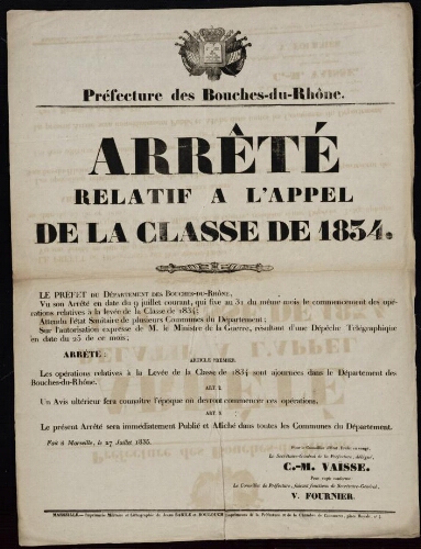 Arrêté relatif à l'appel de la classe de 1834  / Préfecture des Bouches-du-Rhône