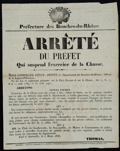 Arrêté du préfet qui suspend l'exercice de la chasse   / Préfecture des Bouches-du-Rhône