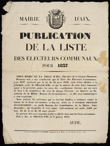 Publication de la liste des électeurs communaux pour 1837   / Mairie d'Aix