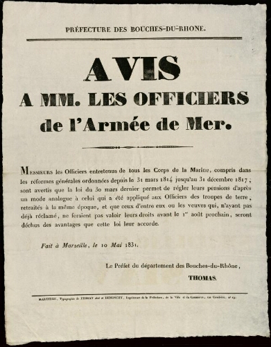Avis à MM. les officiers de l'armée de mer / Préfecture des Bouches-du-Rhône