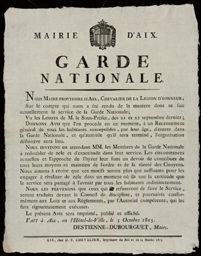 Garde nationale / Mairie d'Aix