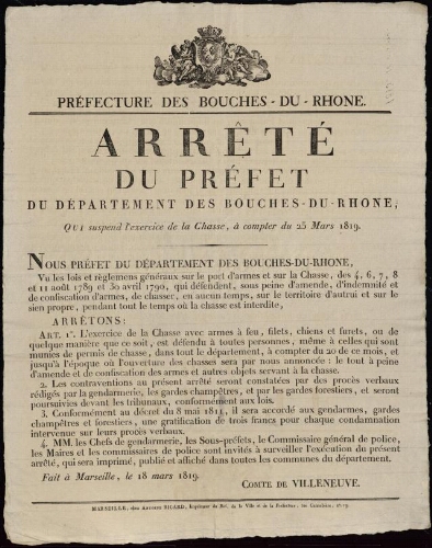 Arrêté du préfet des Bouches-du-Rhône, qui suspend l'exercice de la chasse à compter du 25 mars 1819