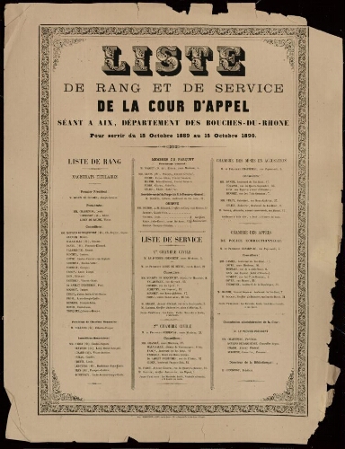 Liste de rang et de service de la cour d'appel séant à Aix, département des Bouches-du-Rhône pour servir du 15 octobre 1889 au 15 octobre 1890