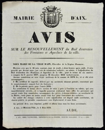 Avis sur le renouvellement du bail d'entretien des fontaines et aqueducs de la ville   / Mairie d'Aix