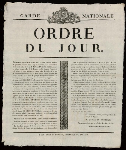 Ordre du jour. Le moment approche où la ville d’Aix va enfin jouir du bonheur de posséder dans ses murs l’auguste princesse