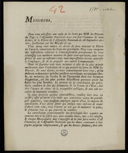 Messieurs, Nous vous adressons une copie de la lettre de MM. Les Députés du Pays... nous ont fait l’honneur de nous écrire / les procureurs du Pays : Roman-Tributiis, Duranti Colongue, Arnulphy