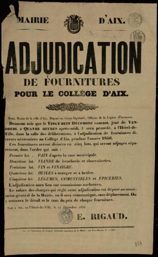 Adjudication des fournitures pour le collège d'Aix / Mairie d'Aix