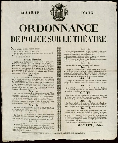 Ordonnance de police sur le théâtre          / Mairie d'Aix
