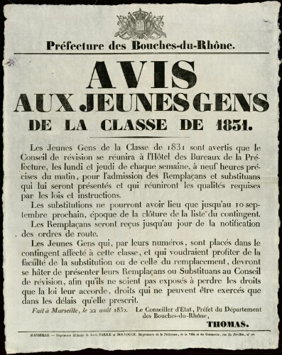 Avis aux jeunes gens de la classe de 1831 / Préfecture des Bouches-du-Rhône