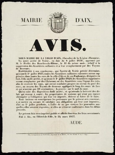 Avis : [relatif à la suppression des gouttières saillantes]   / Mairie d'Aix