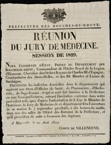 Réunion du jury de médecine. Session de 1829 / Préfecture des Bouches-du-Rhône