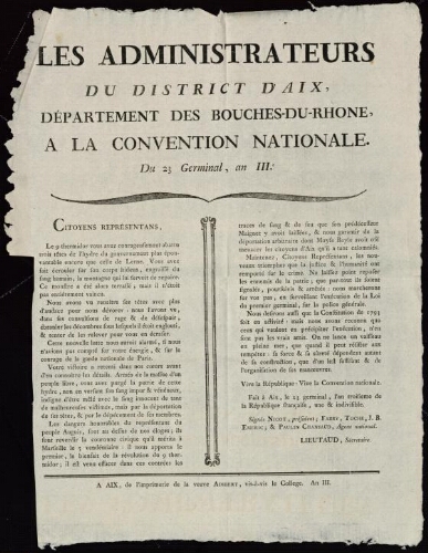 Les administrateurs du district d'Aix, département des Bouches-du-Rhône, à la convention nationale du 23 germinal an III