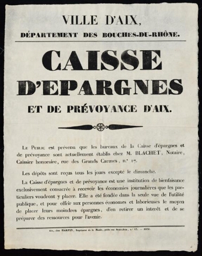 Caisse d'épargnes et de prévoyance d'Aix   / Mairie d'Aix