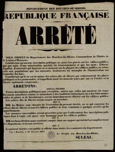 République française. Arrêté...Nous préfet... arrêtons... les arbres dits de de la libertés seront coupés