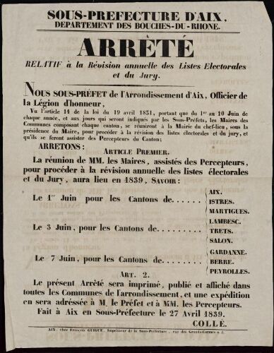 Arrêté relatif à la révision annuelle des listes électorales et du jury / Sous-préfecture d'Aix