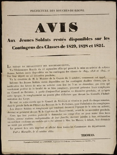 Avis aux jeunes soldats restés disponibles sur les contingents des classes de 1829, 1828 et 1824 / Préfecture des Bouches-du-Rhône