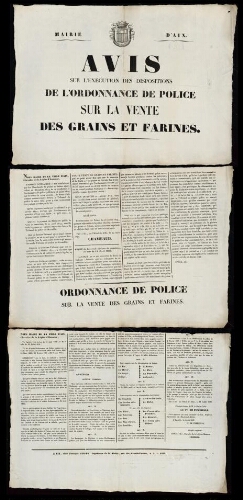 Avis sur l'exécution des dispositions de l'ordonnance de police sur la vente des grains et farines  / Mairie d'Aix