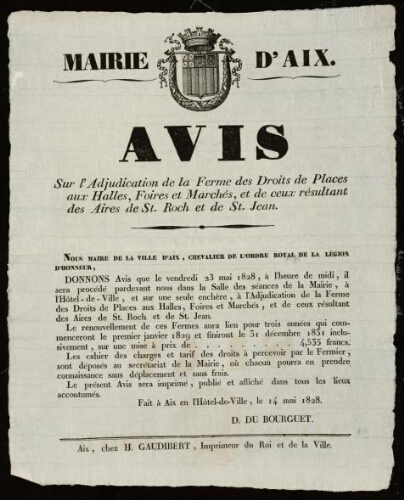 Avis sur l'adjudication de la ferme des droits de places aux halle, foires et marchés, et de ceux résultant des aires de St. Roch et de St. Jean / Mairie d'Aix