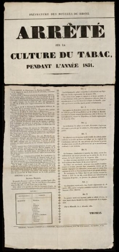 Arrêté sur la culture du tabac pendant l'année 1831 / Préfecture des Bouches-du-Rhône
