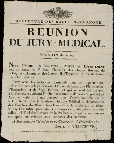 Réunion du jury médical. Session de 1820 / Préfecture des Bouches-du-Rhône