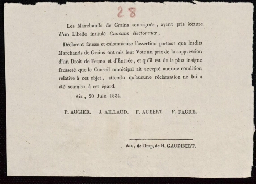 Les marchands de grains [...] ayant pris lecture d’un libelle intitulé « cancans électoraux »... [par] P. Augier, J. Aillaud, F. Aubert, F. Faure