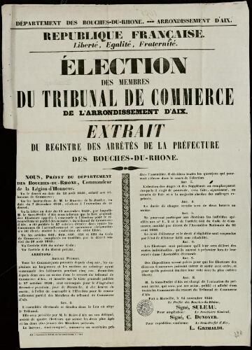 République française. Liberté, égalité, fraternité. Élection des membres du tribunal de commerce de l'arrondissement d'Aix. Extrait des registres des arrêtés de la préfecture des Bouches-du-Rhône