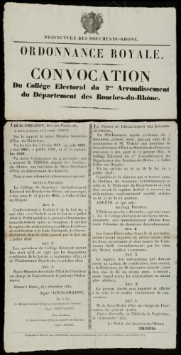 Ordonnance royale. Convocation du collège électoral du 2me arrondissement du département des Bouches-du-Rhône / Préfecture des Bouches-du-Rhône