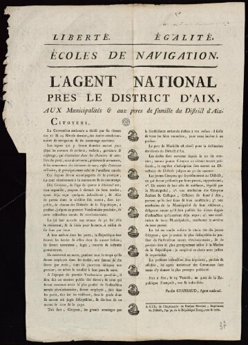 Écoles de navigation. L'agent national [Chansaud] près le district d'Aix, aux municipalités & aux pères de famille du district d'Aix