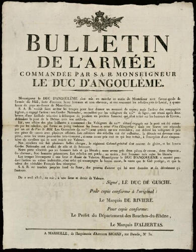 Bulletin de l'armée commandée par S. A. R. Monseigneur le duc d’Angoulême / Préfecture des Bouches-du-Rhône