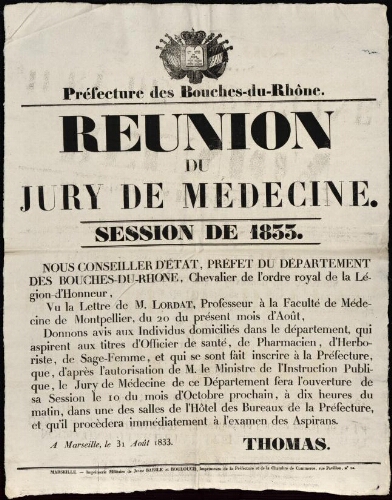 Réunion du jury de médecine : session de 1833 / Préfecture des Bouches-du-Rhône