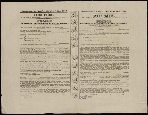 Recrutement de l’armée. Loi du 21 mars 1832. Police de contrat d'assurance avant le tirage valable pour la classe 1839 seulement...