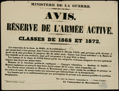 Avis : réserve de l’armée active. Classes de 1868 et 1872