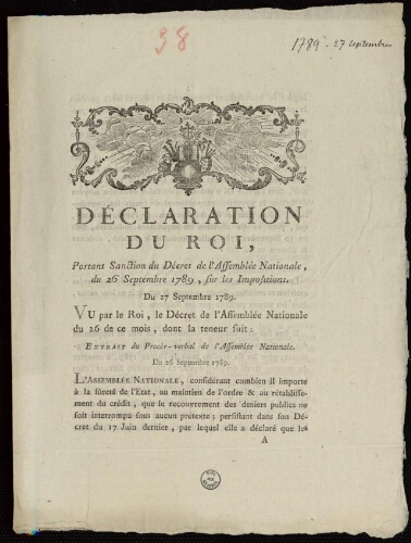 Déclaration du Roi pour sanctionner et faire exécuter divers arrêtés de l'Assemblée nationale, concernant la sortie et la circulation des grains / [Louis XVI]