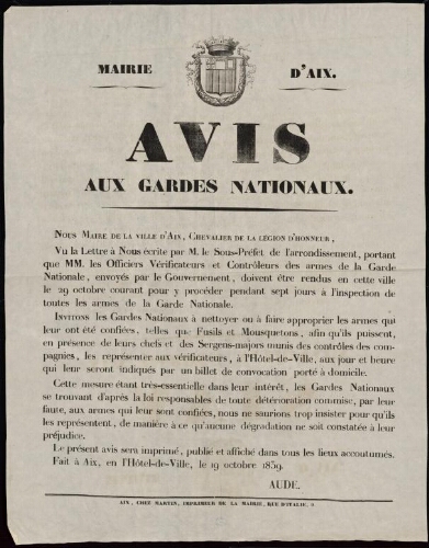 Avis aux gardes nationaux / Mairie d'Aix