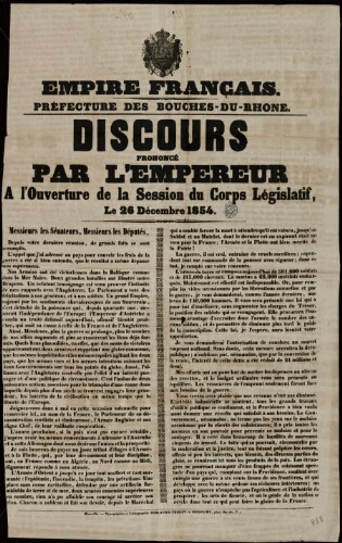 Discours prononcé par l'Empereur à l'ouverture de la session du corps législatif, le 26 décembre 1854 / Préfecture des Bouches-du-Rhône