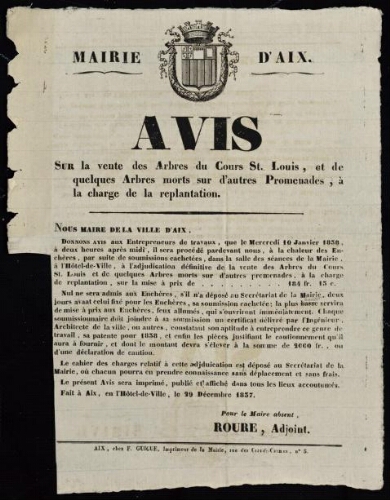 Avis sur la vente des arbres du cours Saint- Louis, et de quelques arbres morts sur d'autres promenades, à la charge de la replantation / Mairie d'Aix