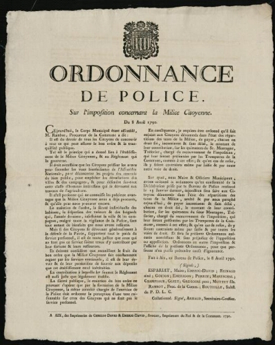 Ordonnance de Police. Sur l'imposition concernant la milice citoyenne. Du 8 avril 1790 / [Mairie d’Aix]