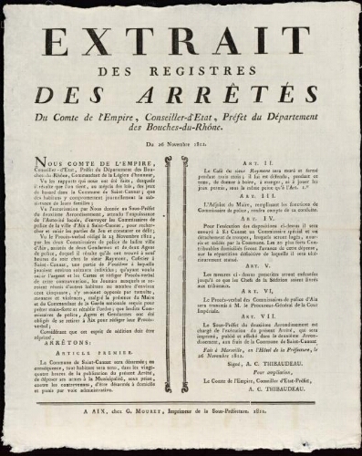 Extrait des registres des arrêtés du comte de l'Empire, Conseiller d'Etat, Préfet du département des Bouches-du-Rhône