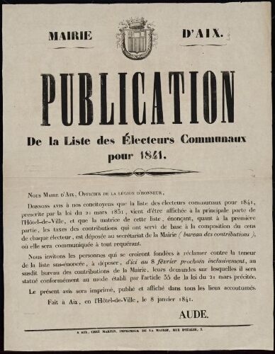 Publication de la liste des électeurs communaux pour 1841 / Mairie d'Aix