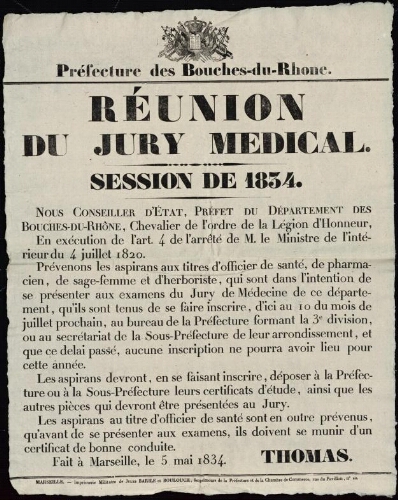 Réunion du jury médical : session de 1834  / Préfecture des Bouches-du-Rhône