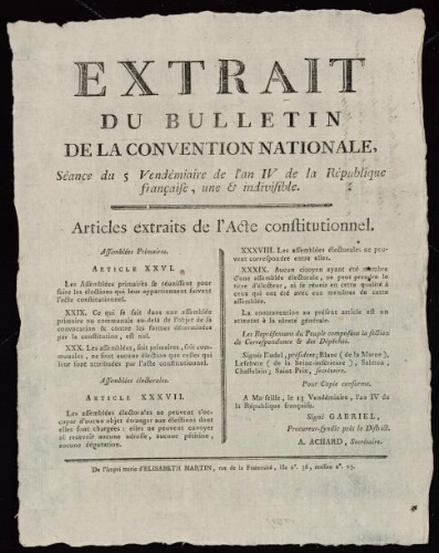 Extrait du bulletin de la convention nationale, articles extraits de l'acte constitutionnel [Signés Les représentants du peuple]