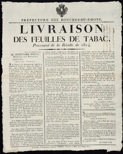 Livraison des feuilles de tabac, provenant de la récolte de 1814 / Préfecture des Bouches-du-Rhône