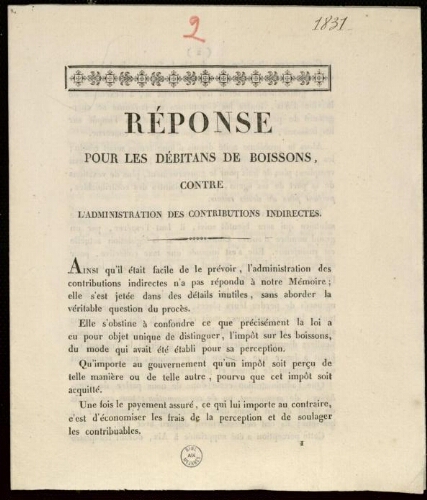 Réponse pour les débitans de boissons contre l'administration des contributions indirectes [par Tassy, avocat ; Pellegrin, avoué]